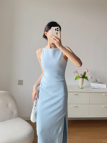 Baby Blue Sheath Round Neck Satin Prom Dress Evening Dress Party Dress HZ1023